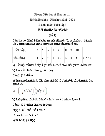 4 Đề thi học kì 2 năm học 2021-2022 môn Toán Lớp 7 (Có đáp án)