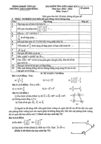 Bài kiểm tra giữa học kỳ I năm học 2022-2023 môn Toán Lớp 7 - Trường THCS Kim Đồng
