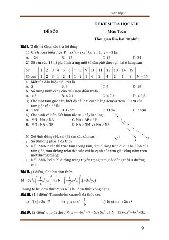 Bộ 10 đề kiểm tra học kì II môn Toán Lớp 7 - Đề số 3 (Có đáp án)