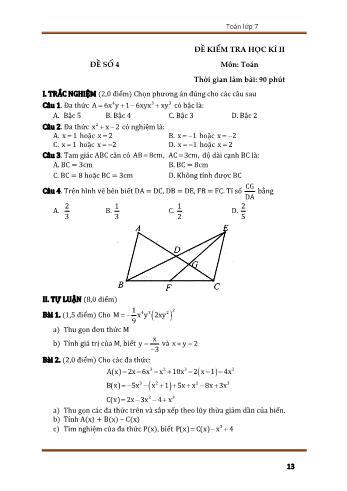 Bộ 10 đề kiểm tra học kì II môn Toán Lớp 7 - Đề số 4 (Có đáp án)