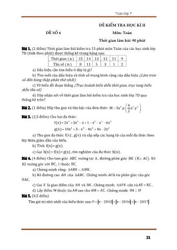 Bộ 10 đề kiểm tra học kì II môn Toán Lớp 7 - Đề số 6 (Có đáp án)