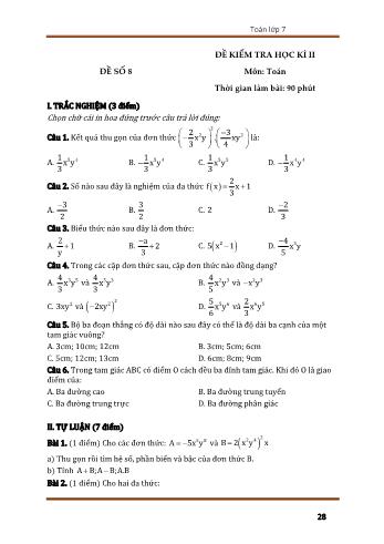 Bộ 10 đề kiểm tra học kì II môn Toán Lớp 7 - Đề số 8 (Có đáp án)
