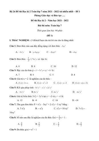 Bộ 26 đề thi học kì 2 năm học 2021-2022 môn Toán Lớp 7 (Có đáp án)