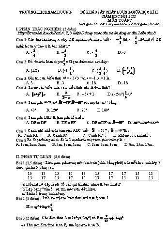 Đề khảo sát chất lượng giữa học kì II môn Toán Lớp 7 - Năm học 2021-2022 - Trường THCS Nam Dương (Có đáp án)