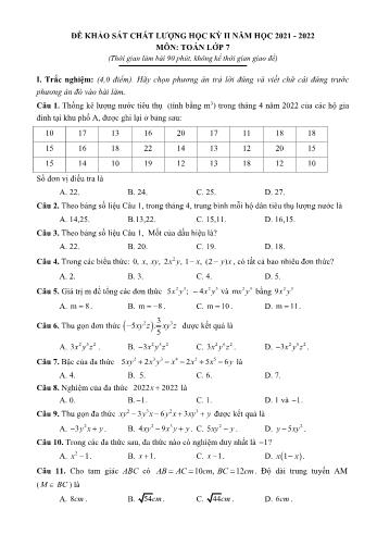 Đề khảo sát chất lượng học kỳ II năm học 2021-2022 môn Toán Lớp 7 (Có đáp án)