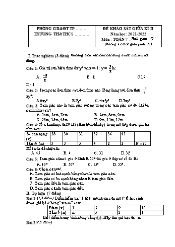 Đề khảo sát giữa học kì II môn Toán Lớp 7 - Năm học 2021-2022