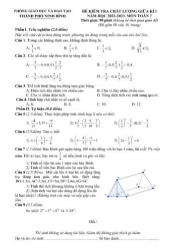 Đề kiểm tra chất lượng giữa kì I năm học 2022-2023 môn Toán Lớp 7 - Phòng GD và ĐT Thành phố Ninh Bình