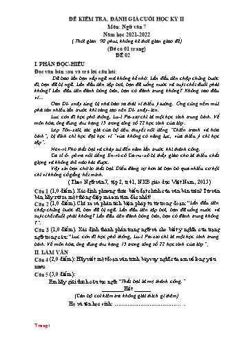Đề kiểm tra, đánh giá cuối kì II môn Ngữ Văn Lớp 7 - Năm học 2021-2022 - Đề 2 (Có đáp án)