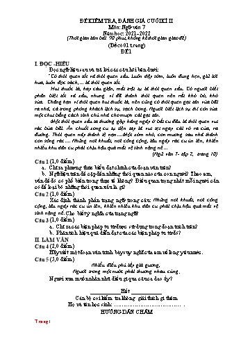 Đề kiểm tra, đánh giá cuối kì II môn Ngữ Văn Lớp 7 - Năm học 2021-2022 - Đề 1 (Có đáp án)