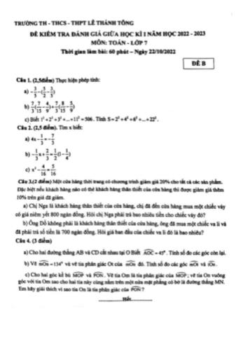 Đề kiểm tra đánh giá giữa học kì I năm học 2022-2023 môn Toán Lớp 7 - Trường TH THCS THPT Lê Thánh Tông - Đề B