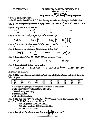Đề kiểm tra đánh giá giữa học kì II môn Toán Lớp 7 - Năm học 2021-2022 (Kèm đáp án và thang điểm)