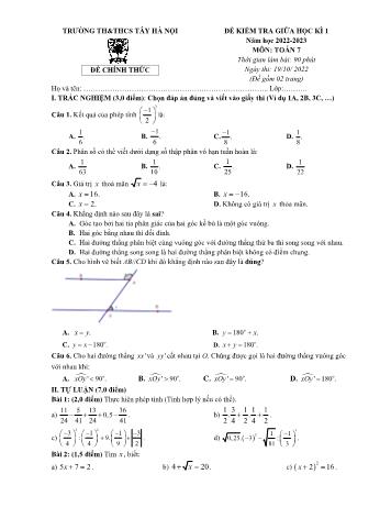Đề kiểm tra giữa học kì 1 năm học 2022-2023 môn Toán Lớp 7 - Trường TH&THCS Tây Hà Nội (Có hướng dẫn chấm)