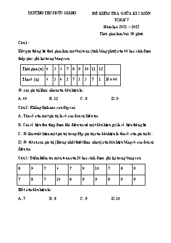 Đề kiểm tra giữa học kì 2 môn Toán Lớp 7 - Năm học 2021-2022 - Trường THCS Đức Giang (Có đáp án)