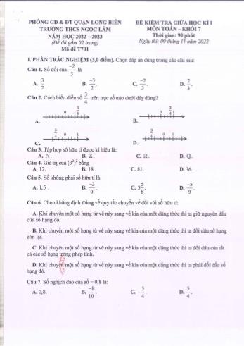 Đề kiểm tra giữa học kì I môn Toán Khối 7 - Năm học 2022-2023 - Trường THCS Ngọc Lâm