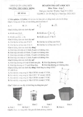 Đề kiểm tra giữa học kì I môn Toán Lớp 7 - Năm học 2022-2023 - Trường THCS Phúc Đồng - Đề số 01