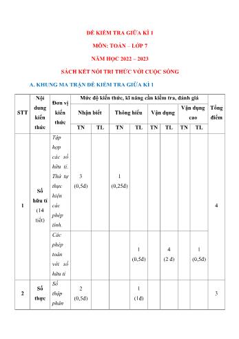 Đề kiểm tra giữa học kì I môn Toán Lớp 7 - Sách Kết nối tri thức - Năm học 2022-2023 (Có đáp án)