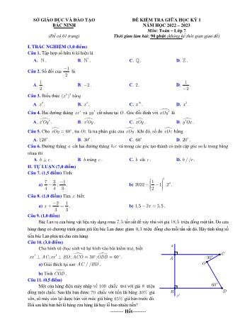 Đề kiểm tra giữa học kì I môn Toán Lớp 7 - Sở Giáo dục và Đào tạo Bắc Ninh - Năm học 2022-2023 (Có đáp án)