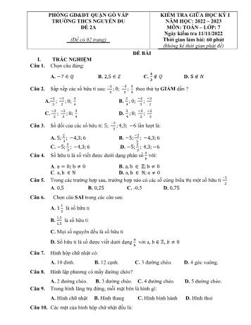Đề kiểm tra giữa học kì I môn Toán Lớp 7 - Trường THCS Nguyễn Du - Năm học 2022-2023 (Có đáp án)