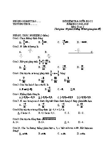 Đề kiểm tra giữa học kì I năm học 2022-2023 môn Toán Lớp 7 (Có đáp án)