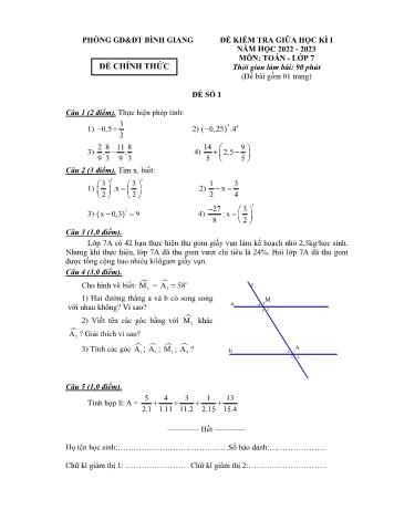 Đề kiểm tra giữa học kì I năm học 2022-2023 môn Toán Lớp 7 - Phòng GD & ĐT Bình Giang - Đề số 1 (Có đáp án)