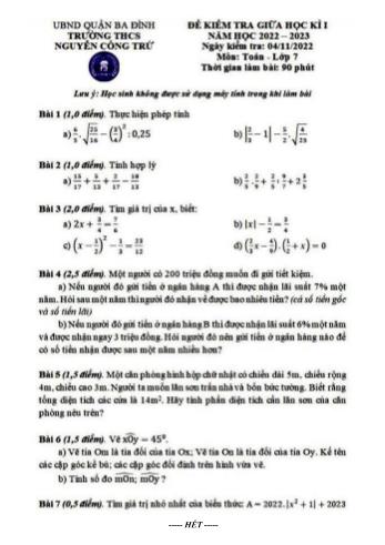 Đề kiểm tra giữa học kì I năm học 2022-2023 môn Toán Lớp 7 - Trường THCS Nguyễn Công Trứ (Có hướng dẫn giải)