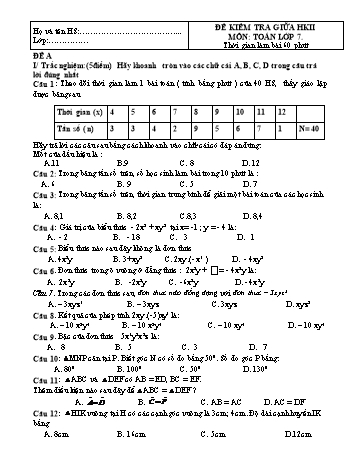 Đề kiểm tra giữa học kì II môn Toán Lớp 7 (Kèm đáp án và biểu điểm)