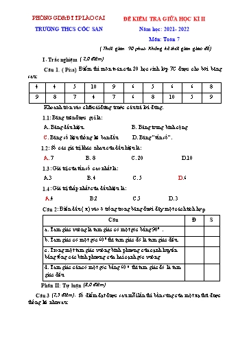 Đề kiểm tra giữa học kì II môn Toán Lớp 7 - Năm học 2021-2022 - Trường THCS Cốc San (Có đáp án)