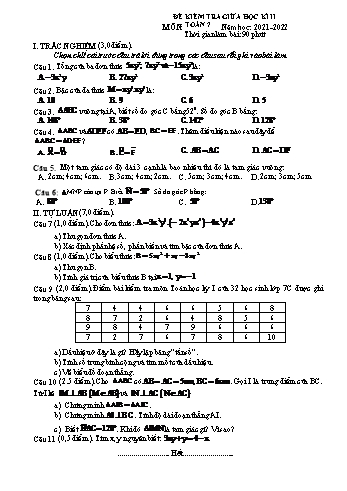 Đề kiểm tra giữa học kì II môn Toán Lớp 7 - Năm học 2021-2022 (Kèm hướng dẫn chấm)