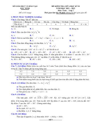 Đề kiểm tra giữa học kì II môn Toán Lớp 7 - Năm học 2021-2022 - Sở GD&ĐT Bắc Ninh (Có đáp án)