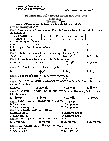 Đề kiểm tra giữa học kì II môn Toán Lớp 7 - Năm học 2021-2022 - Trường THCS Quán Toan (Có đáp án)