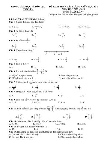 Đề kiểm tra giữa học kỳ I năm học 2022-2023 môn Toán Lớp 7 - Phòng GD và ĐT Tân Yên (Có đáp án)