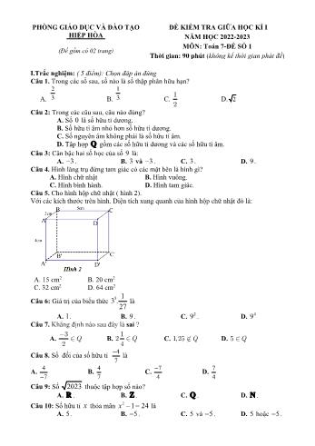 Đề kiểm tra giữa học kỳ I năm học 2022-2023 môn Toán Lớp 7 - Phòng GD và ĐT Hiệp Hòa (Có đáp án)
