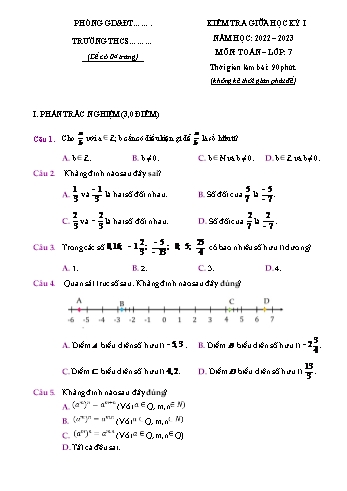 Đề kiểm tra giữa học kỳ I năm học 2022-2023 môn Toán Lớp 7 sách Chân trời sáng tạo (Có đáp án)