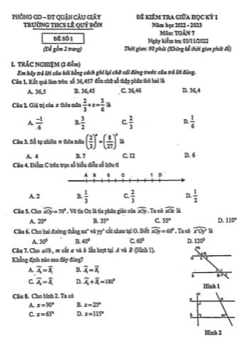 Đề kiểm tra giữa học kỳ I năm học 2022-2023 môn Toán Lớp 7 - Trường THCS Lê Quý Đôn - Đề số 1