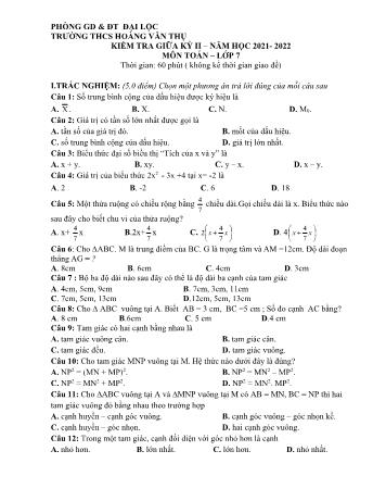 Đề kiểm tra giữa kỳ II môn Toán Lớp 7 - Năm học 2021-2022 - Trường THCS Hoàng Văn Thụ (Có đáp án)