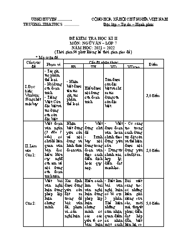 Đề kiểm tra học kì II môn Ngữ Văn Lớp 7 - Năm học 2021-2022 (Có hướng dẫn chấm)