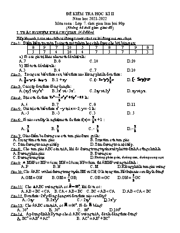Đề kiểm tra học kì II năm học 2021-2022 môn Toán Lớp 7 (Có đáp án)