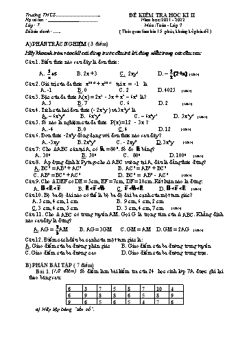 Đề kiểm tra học kì II năm học 2021-2022 môn Toán Lớp 7 (Đáp án + Thang điểm)