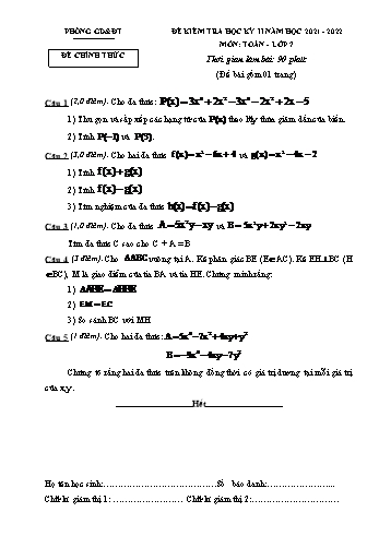 Đề kiểm tra học kỳ II năm học 2021-2022 môn Toán Lớp 7 (Có hướng dẫn, biểu điểm chấm)
