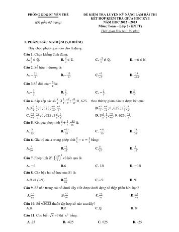 Đề kiểm tra luyện kỹ năng làm bài thi kết hợp kiểm tra giữa học kì I năm học 2022-2023 môn Toán Lớp 7 (Kết nối tri thức) - Phòng GD&ĐT Yên Thế