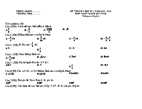 Đề thi giữa học kì I môn Toán Lớp 7 - Sách Kết nối tri thức và cuộc sống - Năm học 2022-2023 (Có đáp án)