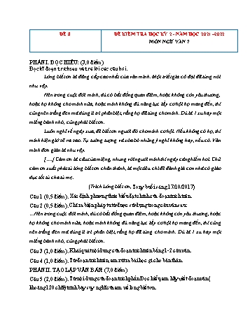 Tổng hợp 10 đề kiểm tra học kỳ 2 năm học 2021-2022 môn Ngữ Văn Lớp 7 - Đề số 8 (Có đáp án)