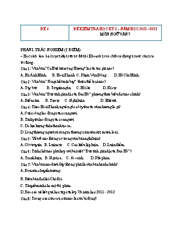 Tổng hợp 10 đề kiểm tra học kỳ 2 năm học 2021-2022 môn Ngữ Văn Lớp 7 - Đề số 4 (Có đáp án)