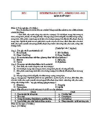 Tổng hợp 10 đề kiểm tra học kỳ 2 năm học 2021-2022 môn Ngữ Văn Lớp 7 - Đề số 2 (Có đáp án)