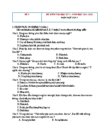 Tổng hợp 10 đề kiểm tra học kỳ 2 năm học 2021-2022 môn Ngữ Văn Lớp 7 - Đề số 9 (Có đáp án)