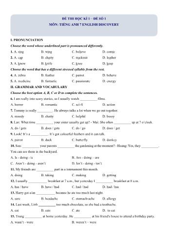 Bộ 5 đề thi học kì 1 môn Tiếng Anh Lớp 7 English Discovery (Có lời giải)