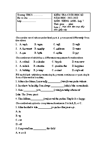 Đề kiểm tra cuối học kì 1 môn Tiếng Anh Lớp 7 Sách Global Success - Năm học 2022-2023 (Có đáp án)