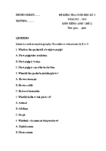 Đề kiểm tra cuối học kỳ I môn Tiếng Anh 7 Sách Friends plus - Năm học 2022-2023 - Đề 2 (Có đáp án)