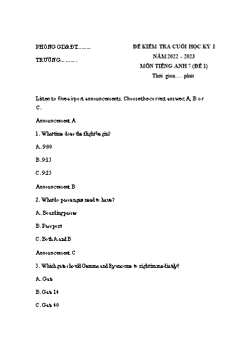 Đề kiểm tra cuối học kỳ I môn Tiếng Anh 7 Sách Friends plus - Năm học 2022-2023 - Đề 1 (Có đáp án)