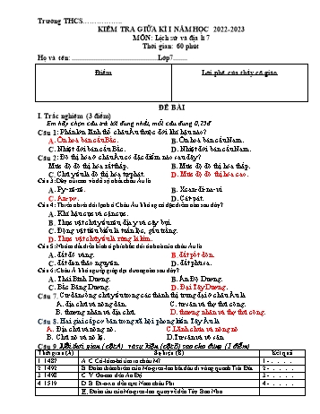 Đề kiểm tra giữa học kì I môn Lịch sử và Địa lí Lớp 7 (Chân trời sáng tạo) - Năm học 2022-2023 - Đề 3 (Có đáp án)